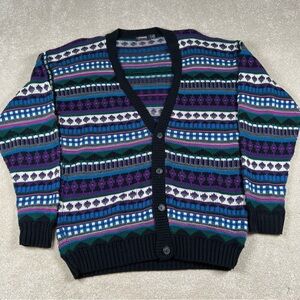 Vintage Colorful Stripe Cardigan Sweater Made in USA V Neck 100% Cotton Women Lg